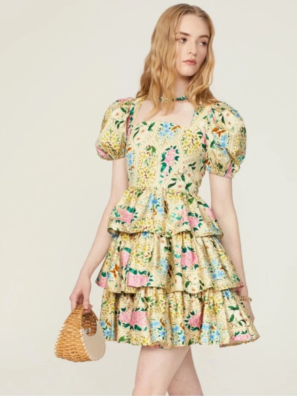 HUNTER BELL Porter Mini Dress in Floral Tile print Tiered Puff Sleeve Fit Flare